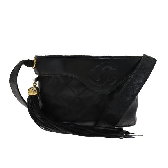 CHANEL Matelasse Shoulder Bag Lamb Skin Gold Black CC Auth bs21318 - Picture 1 of 16